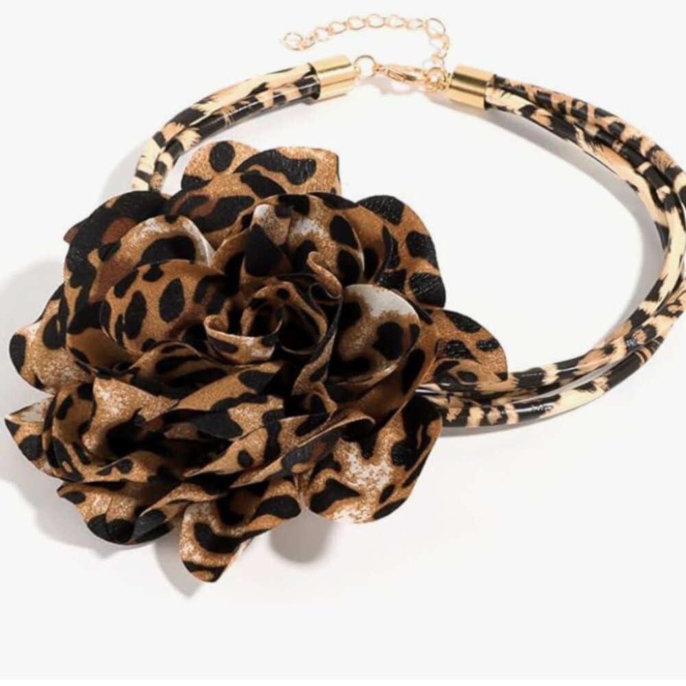 ZARA Leopard Print Big Rose Flower Choker Necklace